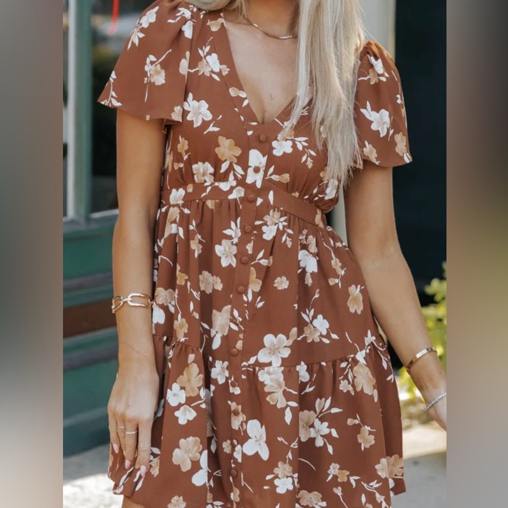 Floral Mini Dress - Brown